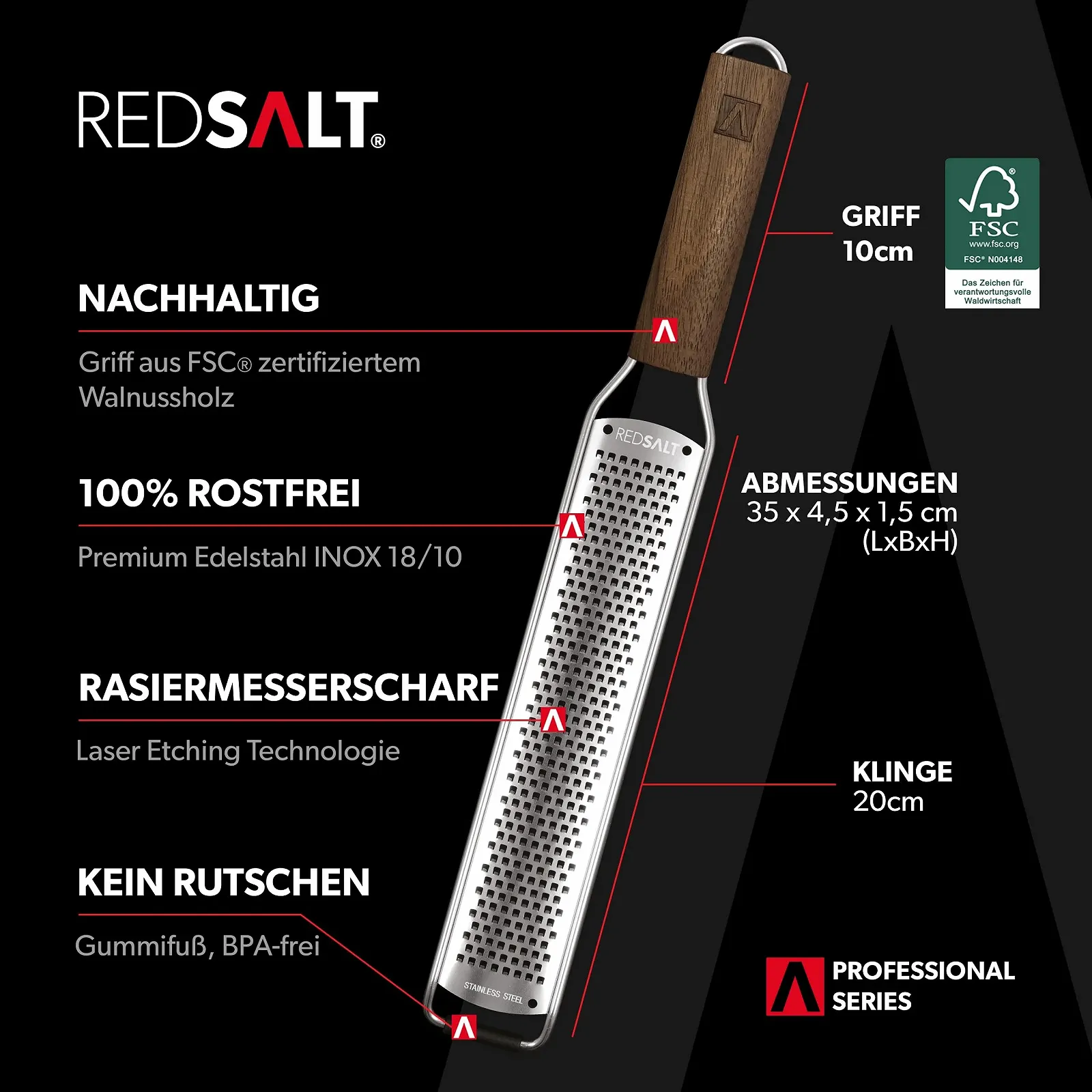 Терка REDSALT Premium Zester Нержавеющая сталь с деревянной ручкой из ореха, фото №2