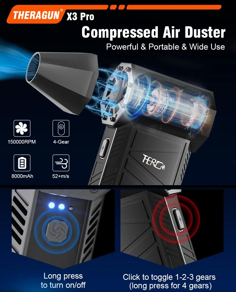 Портативний турбовентилятор THERAGUN X3ProTurbo Jet Fan 150000 RPM Black, фото №6