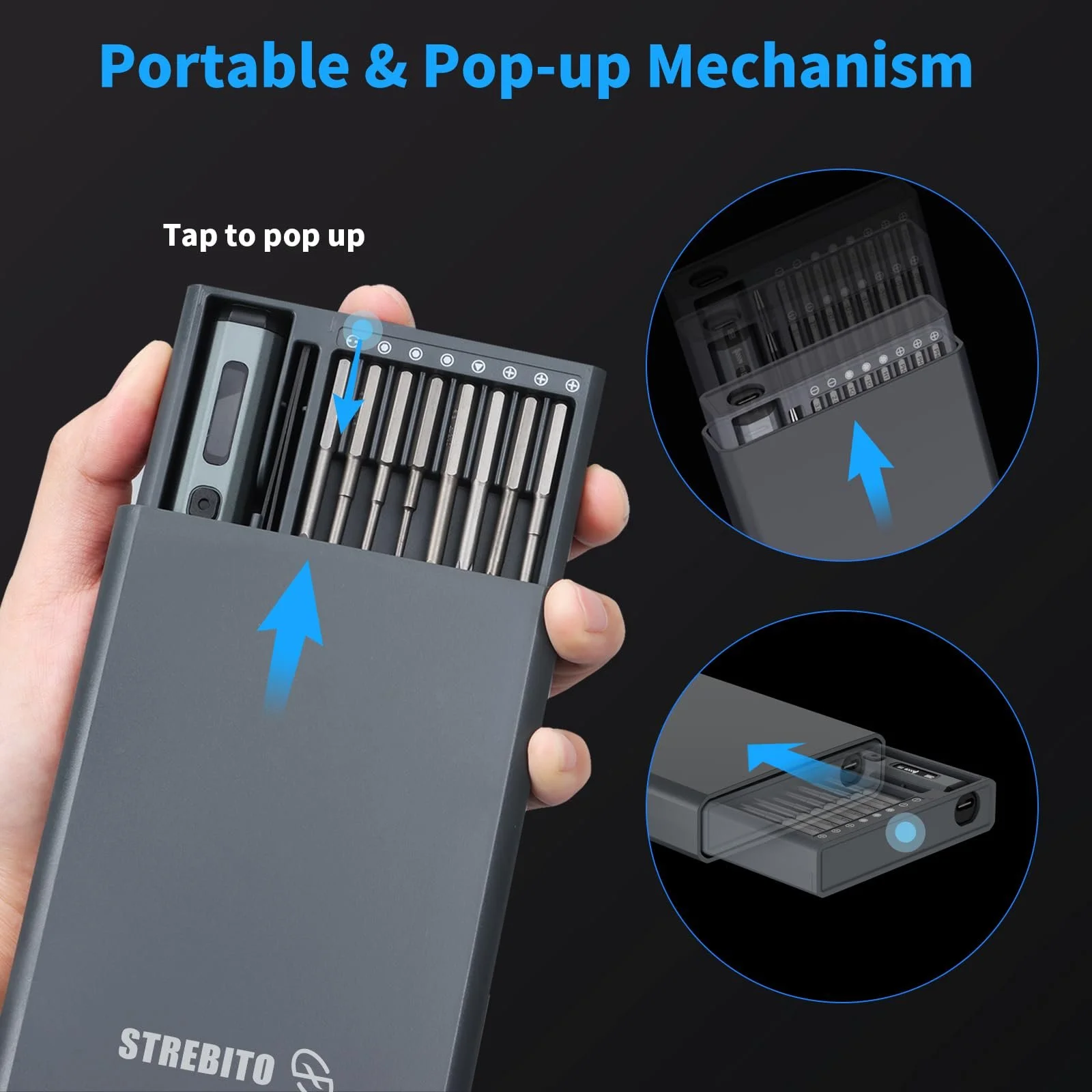 Набір викруток акумуляторних прецизійних STREBITO 70 предметів 64 магнітні біти 5 рівнів крутного моменту, фото №6