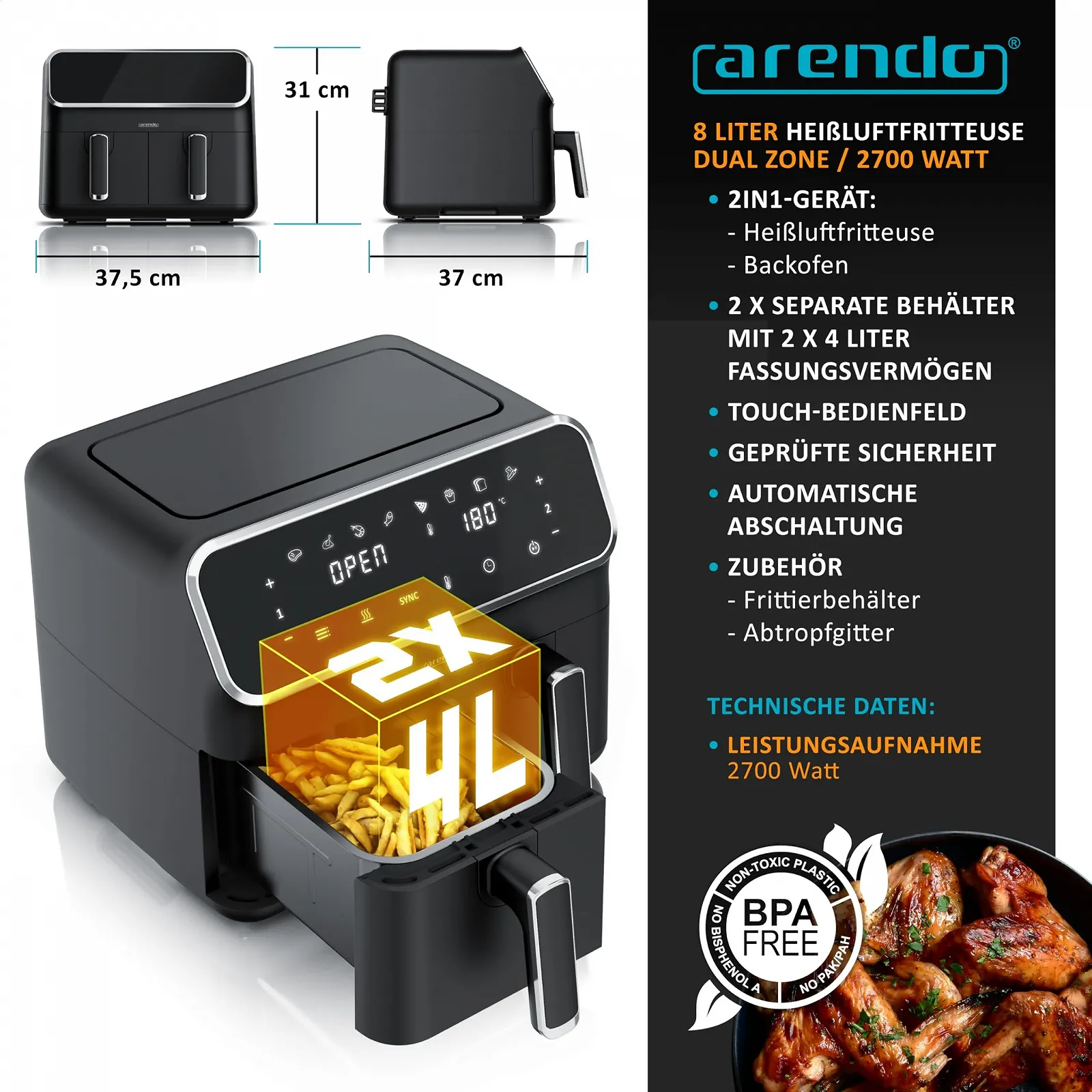 Мультипіч-піч Arendo 307226 Dual Zone 8 L 2 камери 2700 W Stainless Steel, фото №2 Мультипіч-піч Arendo 307226 Dual Zone 8 L 2 камери 2700 W Stainless Steel, фото №2