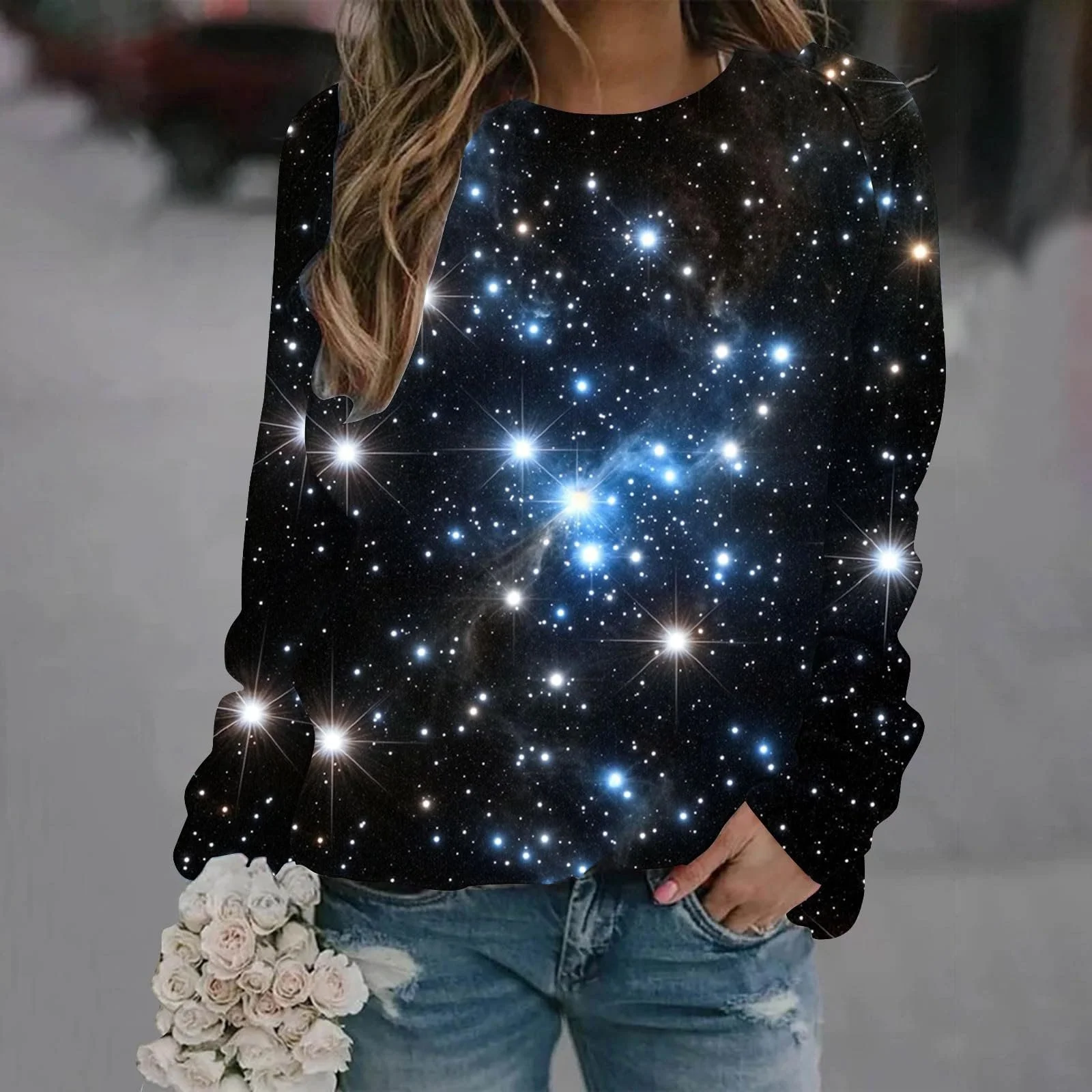 Лонгслив Komiseup Galaxy Женский с длинными рукавами, круглым вырезом, без капюшона, 3D принт галактики, модный пуловер со звездным небом, большие размеры, карнавальный костюм, подростковая одежда, Streetwear 08, фото №2