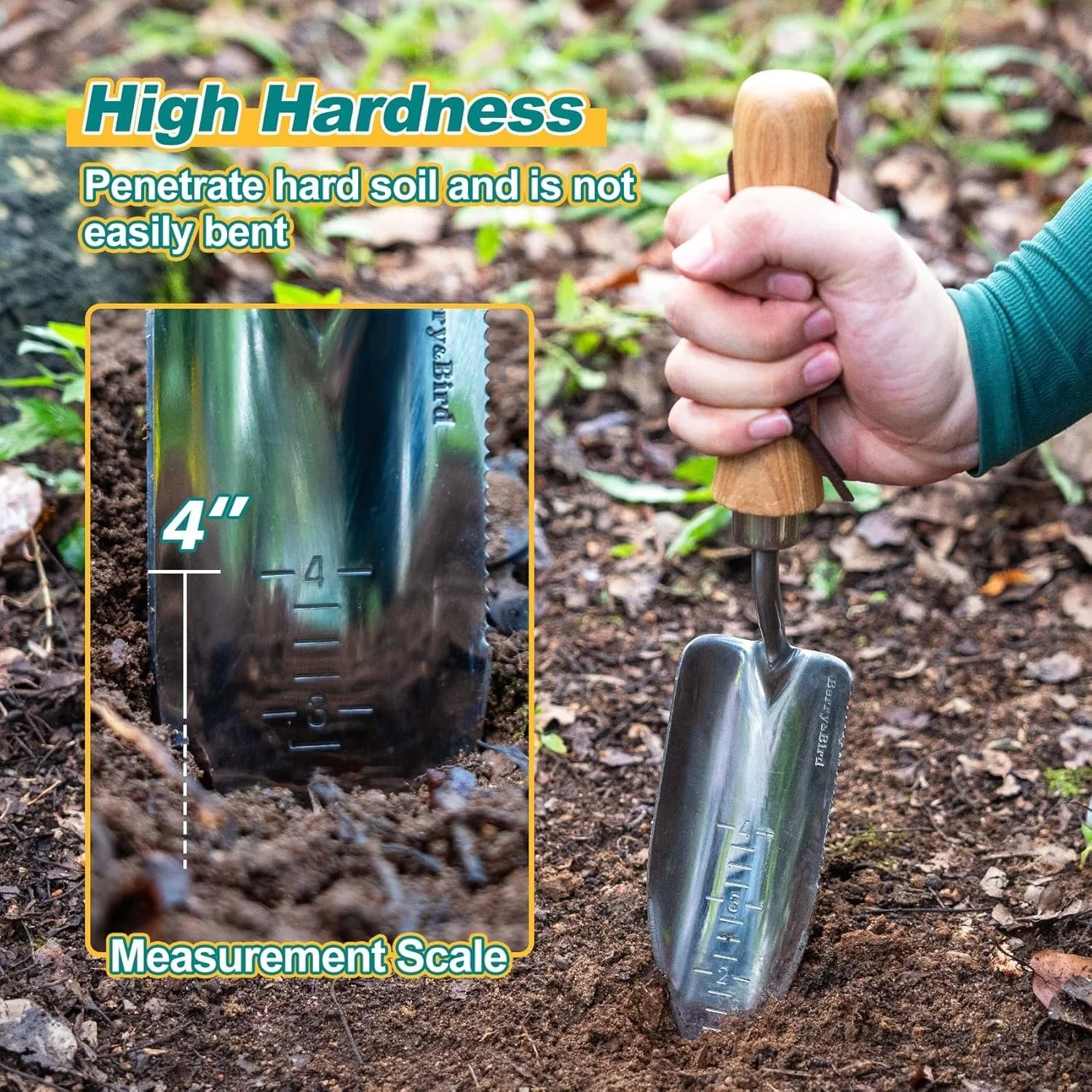 Лопата совковая посадочный Berry&Bird из нержавеющей стали с деревянной ручкой, измерительная шкала, фото №6