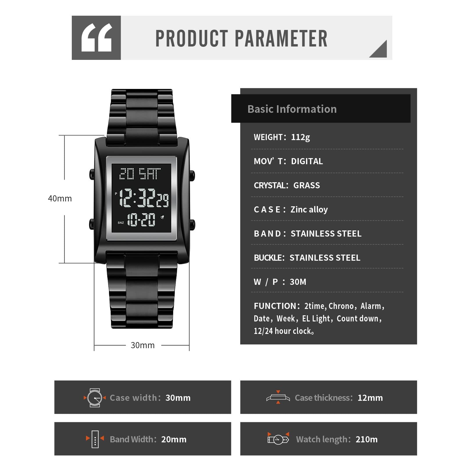 Часы TONSHEN из нержавеющей стали мужской цифровой светодиодный электронный для улицы многофункциональные двойное время обратный отсчёт сигнализация секундомер спортивные наручные часы, фото №5