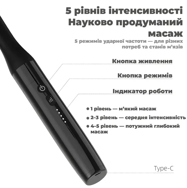 Массажный пистолет Darius DRS-8000TR, перкуссионный, ручной с длинной рукояткой, 10 мм, 5 скоростей, 4 насадки, фото №4