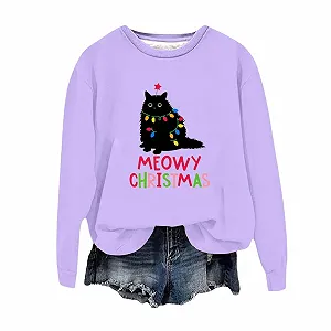 Рождественский Свитшот для женщин Модный Повседневный Рождественский Принт Круглый вырез Без капюшона Милый Топ с длинными рукавами - Фото 1