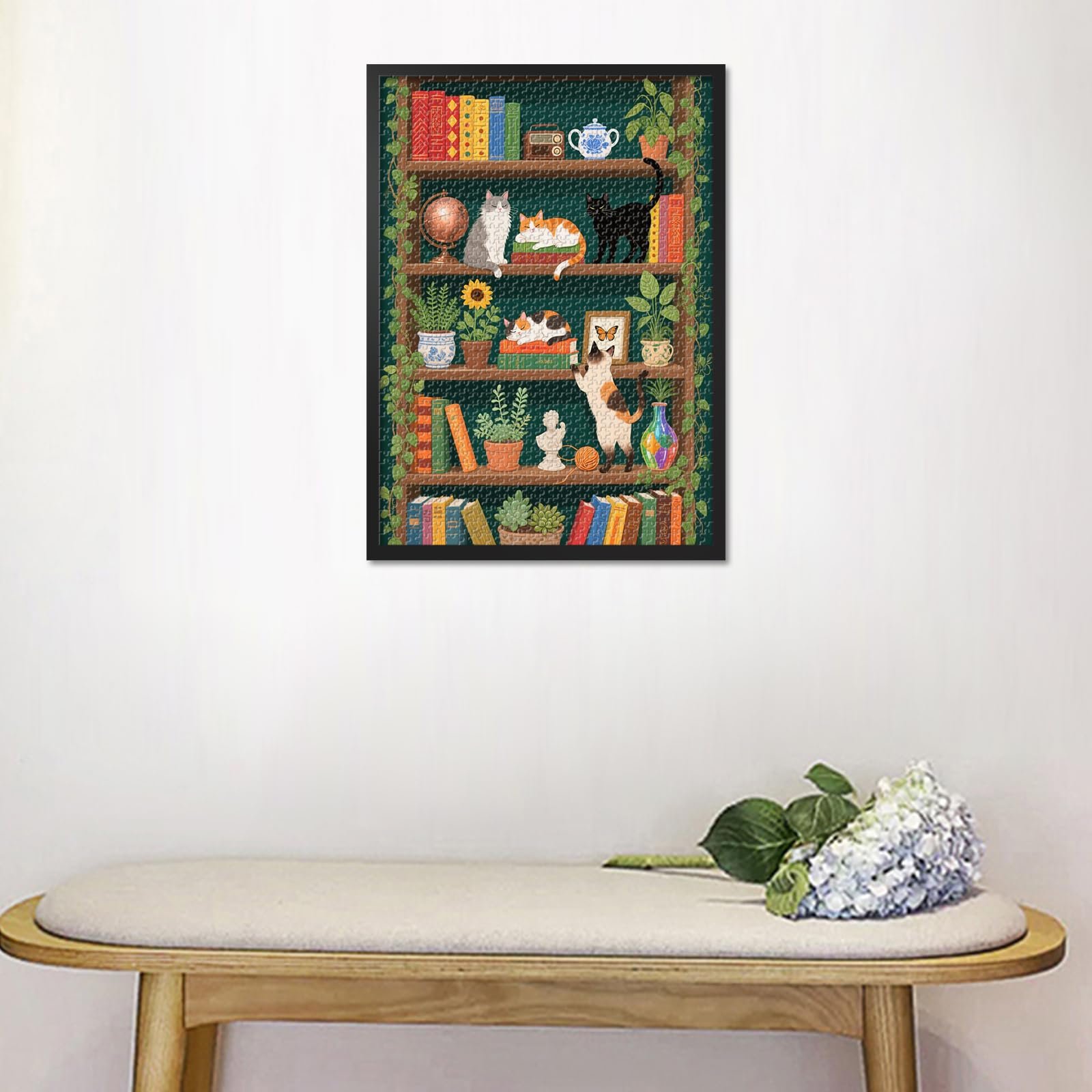 Пазл 1000 деталей Книжкова полиця з котами та рослинами 50 x 70 см, фото №6