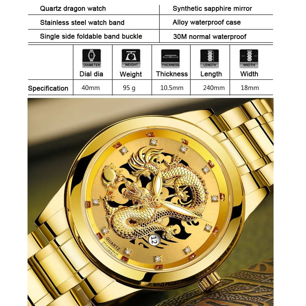 Чоловічий годинник FOWAWU, 3D Золотий Дракон, Автоматична Дата, фото №2 Чоловічий годинник FOWAWU, 3D Золотий Дракон, Автоматична Дата, фото №2