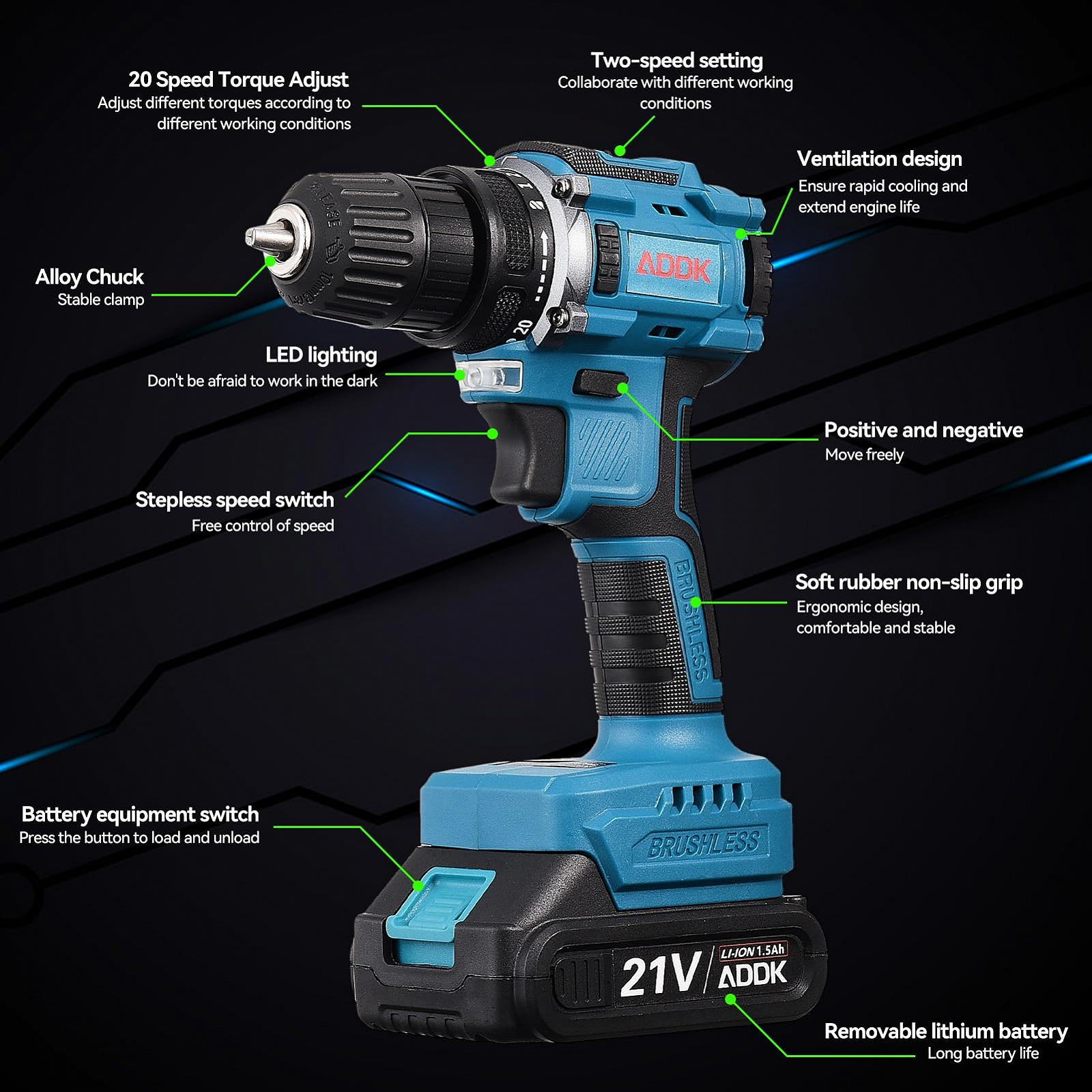 Шуруповерт belupai 21V 2 батареї 1500mAh 25+1 крутний момент 45Nm Максимальний свердло Світлодіод для дому саду DIY проектів (Безщітковий двигун), фото №4 Шуруповерт belupai 21V 2 батареї 1500mAh 25+1 крутний момент 45Nm Максимальний свердло Світлодіод для дому саду DIY проектів (Безщітковий двигун), фото №4
