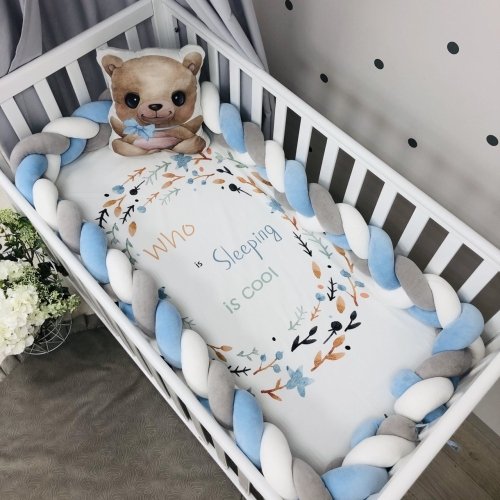 Бортик-коса 360 см на всі сторони ліжечка білий/сірий/яскравий блакитний, фото №1