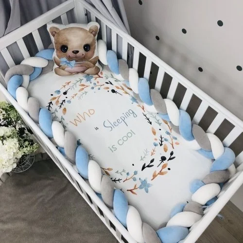 Бортик-коса 360 см на всі сторони ліжечка білий/сірий/яскравий блакитний, фото №1