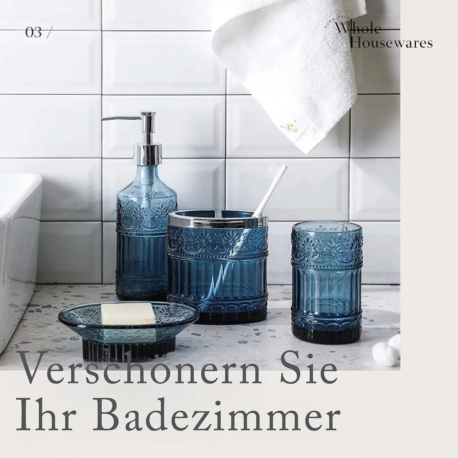 Набор для ванной комнаты WHOLE HOUSEWARES 4 шт. Диспенсер для мыла, поднос, стакан, держатель для зубных щеток Мозаичное стекло (синий), фото №3