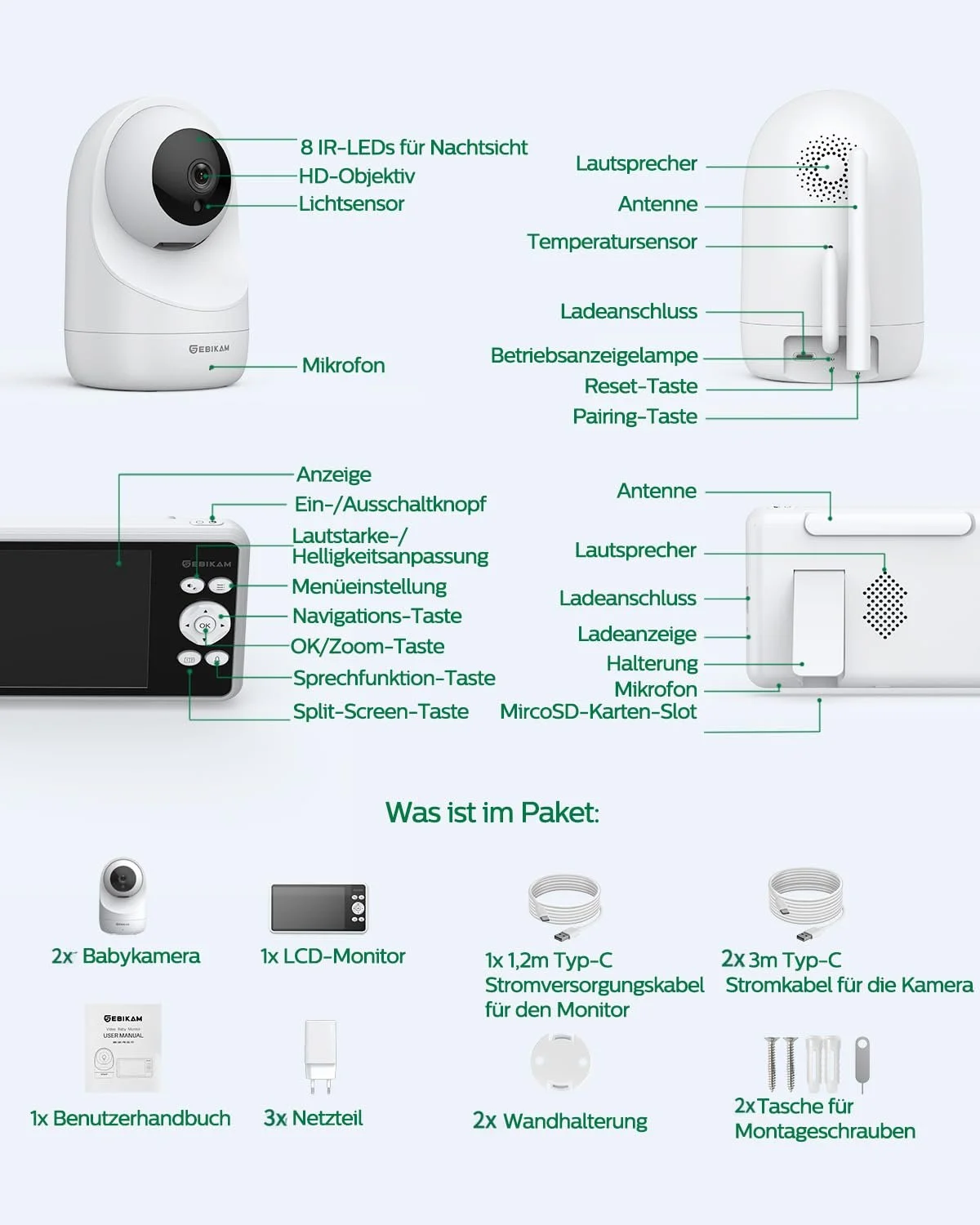 Відеоняня SEBIKAM 5" 720P HD IPS 4000 mAh 2 камери PTZ 355° VOX, фото №9
