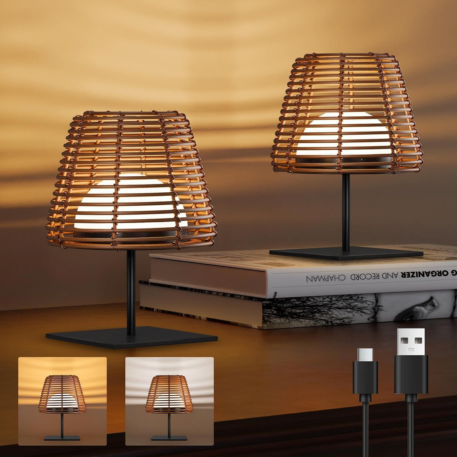 Настольная лампа MALUX Wireless LED Rattan Bamboo набор из 2 шт. дерево, фото №1