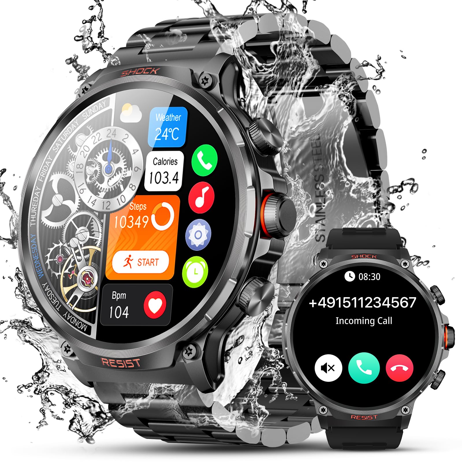 Смарт-годинник WalkerFit з телефоном, 1.85 дюйма HD, військовий, з батареєю 710 мАг, водонепроникний, з монітором сну, 100+ спортивних режимів, фото №1