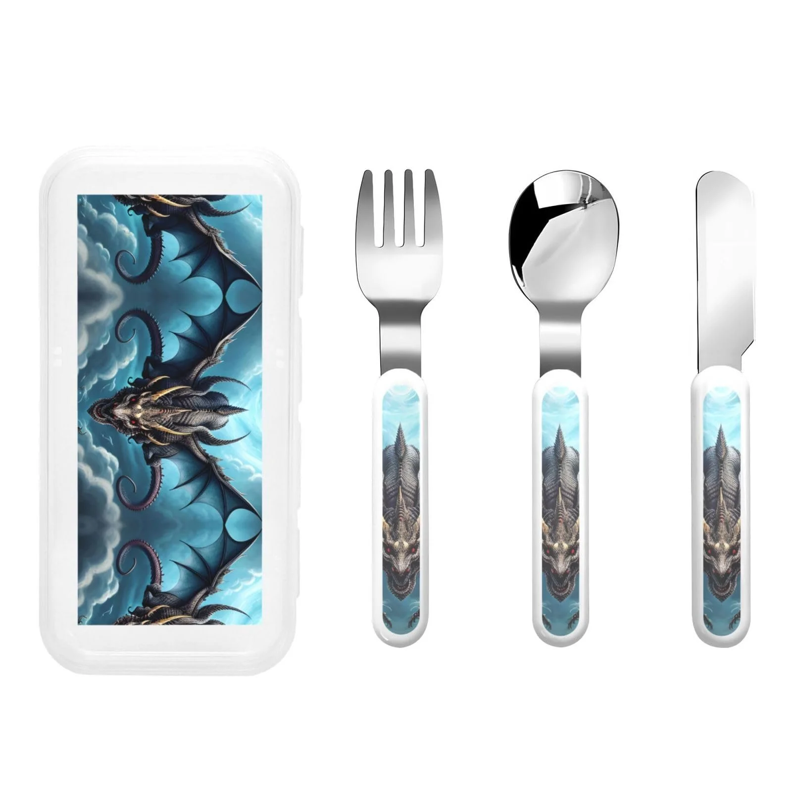 Набір дитячих столових приборів з принтом Літаючий Дракон, три предмети, багаторазовий, фото №1 Набір дитячих столових приборів з принтом Літаючий Дракон, три предмети, багаторазовий, фото №1