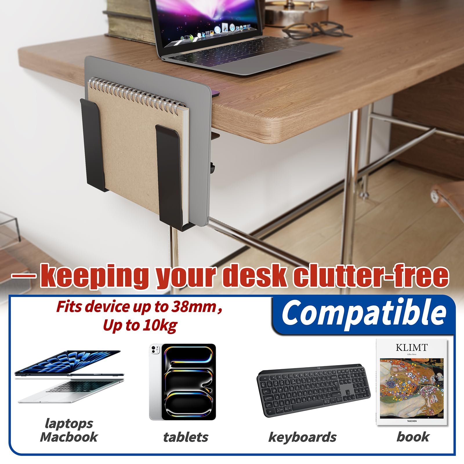 Регулируемая Подставка для Ноутбука с Зажимом для Столов - Без Сверления - Вертикальное Крепление из Нержавеющей Стали сбоку Стола для Ноутбуков, Планшетов, Клавиатур - Полочка для Устройств до 38 мм, фото №5