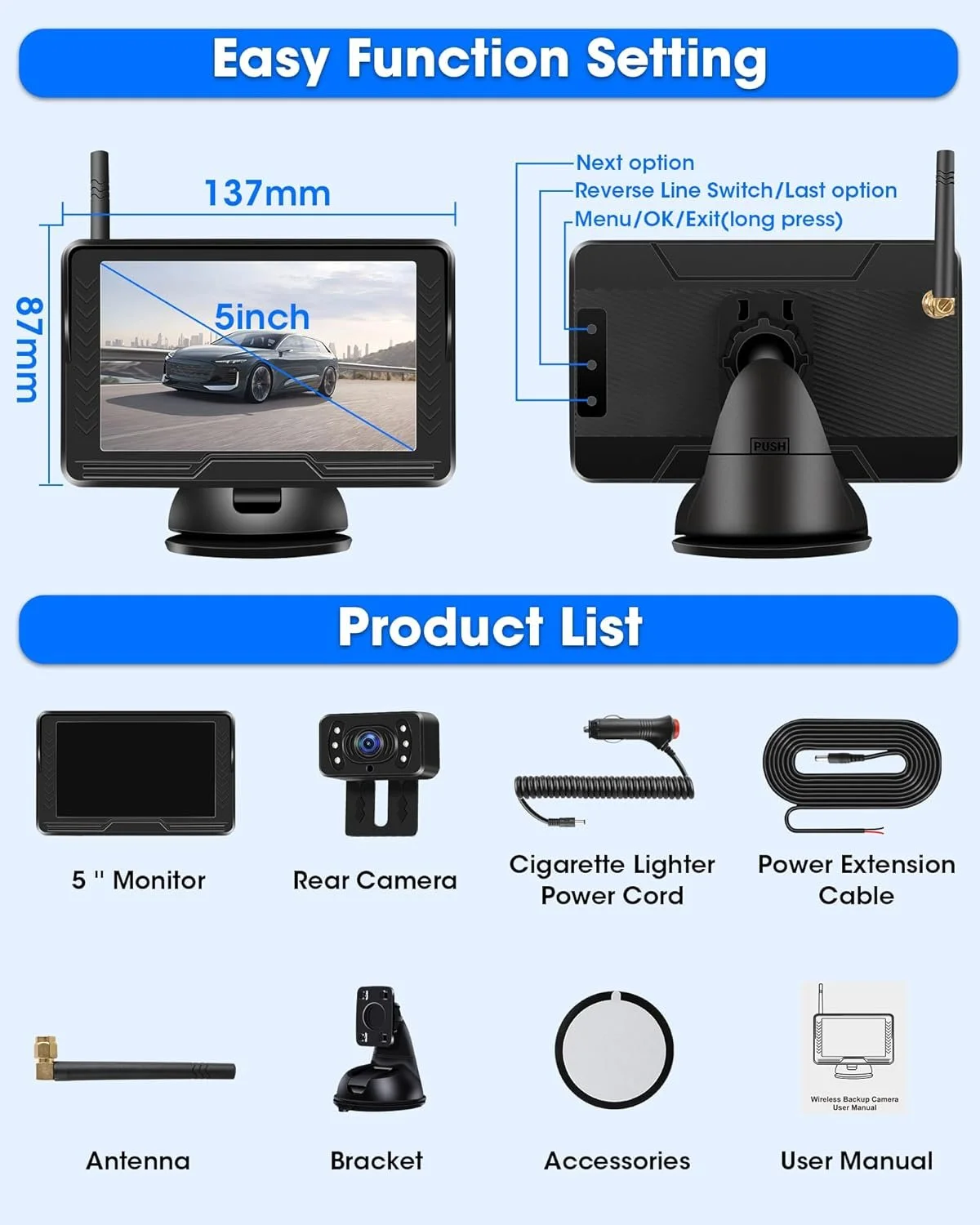 Паркувальна система Airpuxem P067-EU6-ZQ / Бездротова / 5" / Full HD / 170° / IP69 / Чорний, фото №8