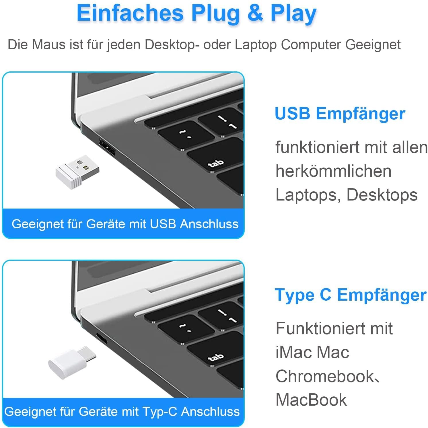 Мышь Беспроводная для ноутбука Перезаряжаемая, Портативная 2.4 GHz с USB/USB-C Двумя Приемниками для компьютера, фото №4