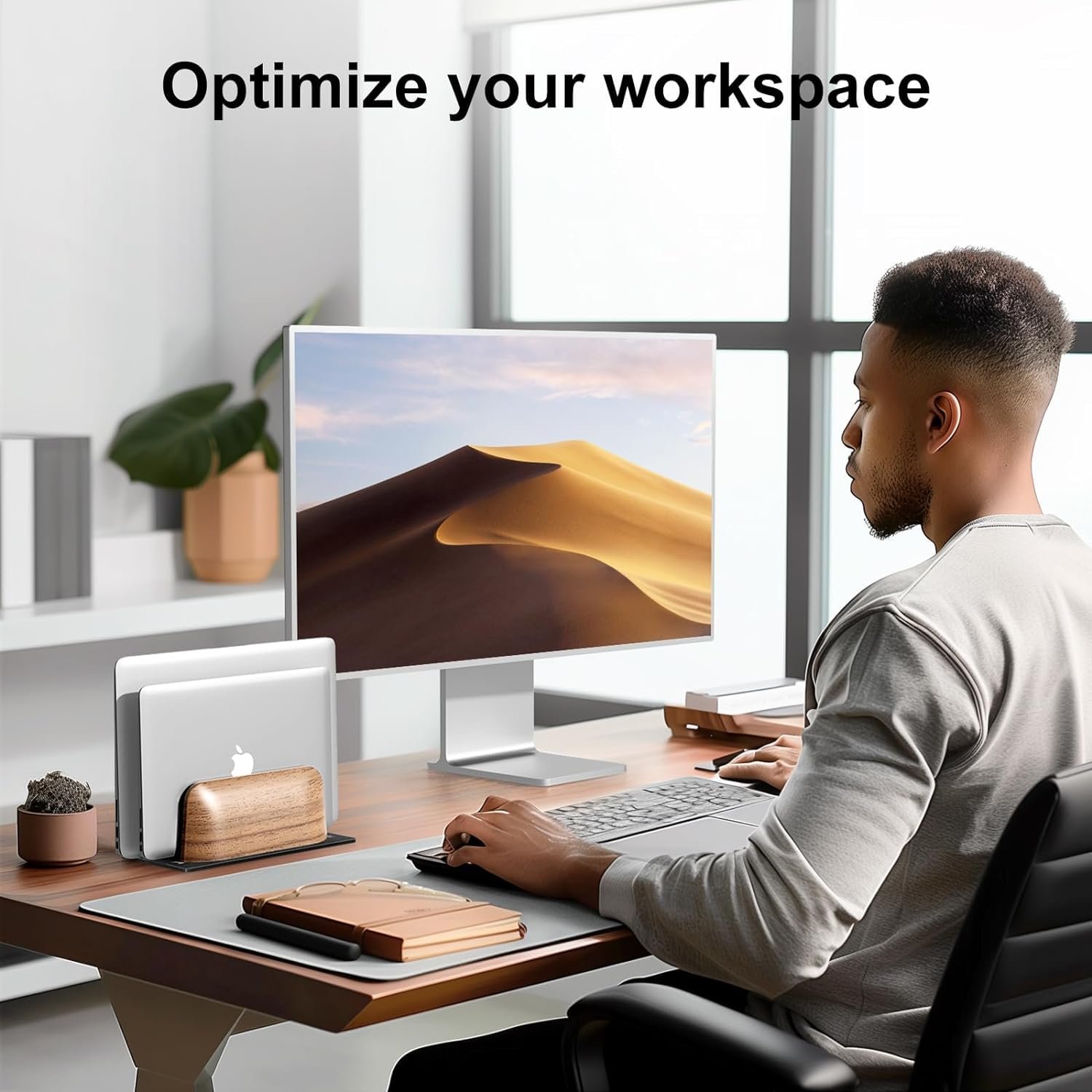 Вертикальна Підставка для Ноутбука, Подвійна Щілина, Дерево Горіх, Регульована Ширина, для MacBook та інших ноутбуків, фото №5