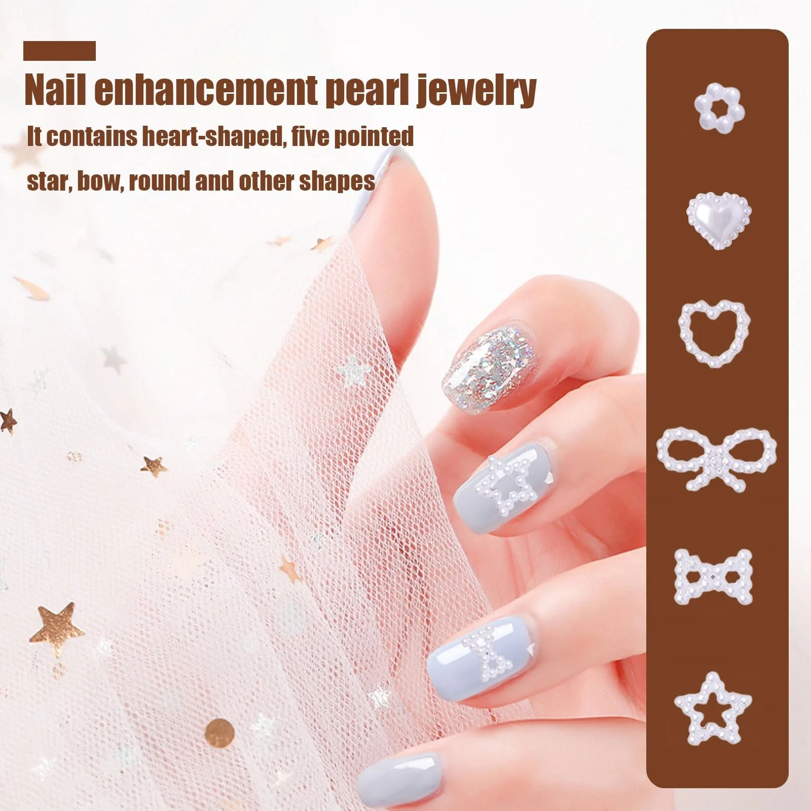 Украшения для ногтей Жемчуг Белый, Набор 200 шт, 3D, Разные формы (сердце, звезда, бант), фото №2