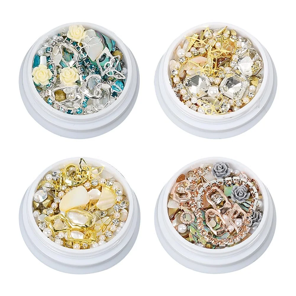 Стразы для ногтей 3D 4 коробки, разные формы, металлические заклепки, маленькие бусины для ногтей, икорные бусины для ногтей, блестящие драгоценные камни для ногтей, металлический драгоценный камень, искусственный жемчуг, фото №1