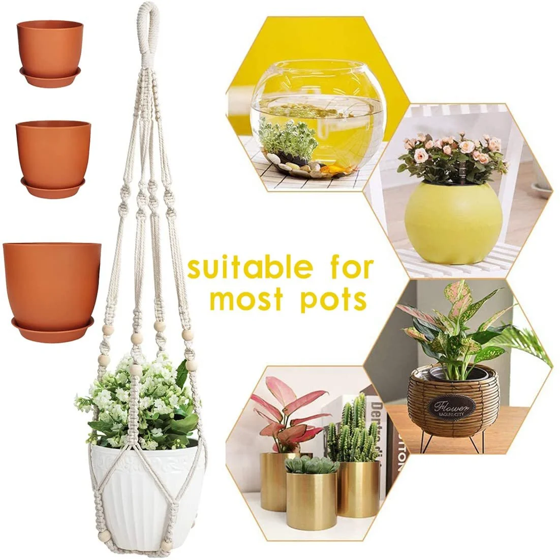 Корзина подвесная макраме хлопковая веревка с крючком Бохо стиль, фото №6