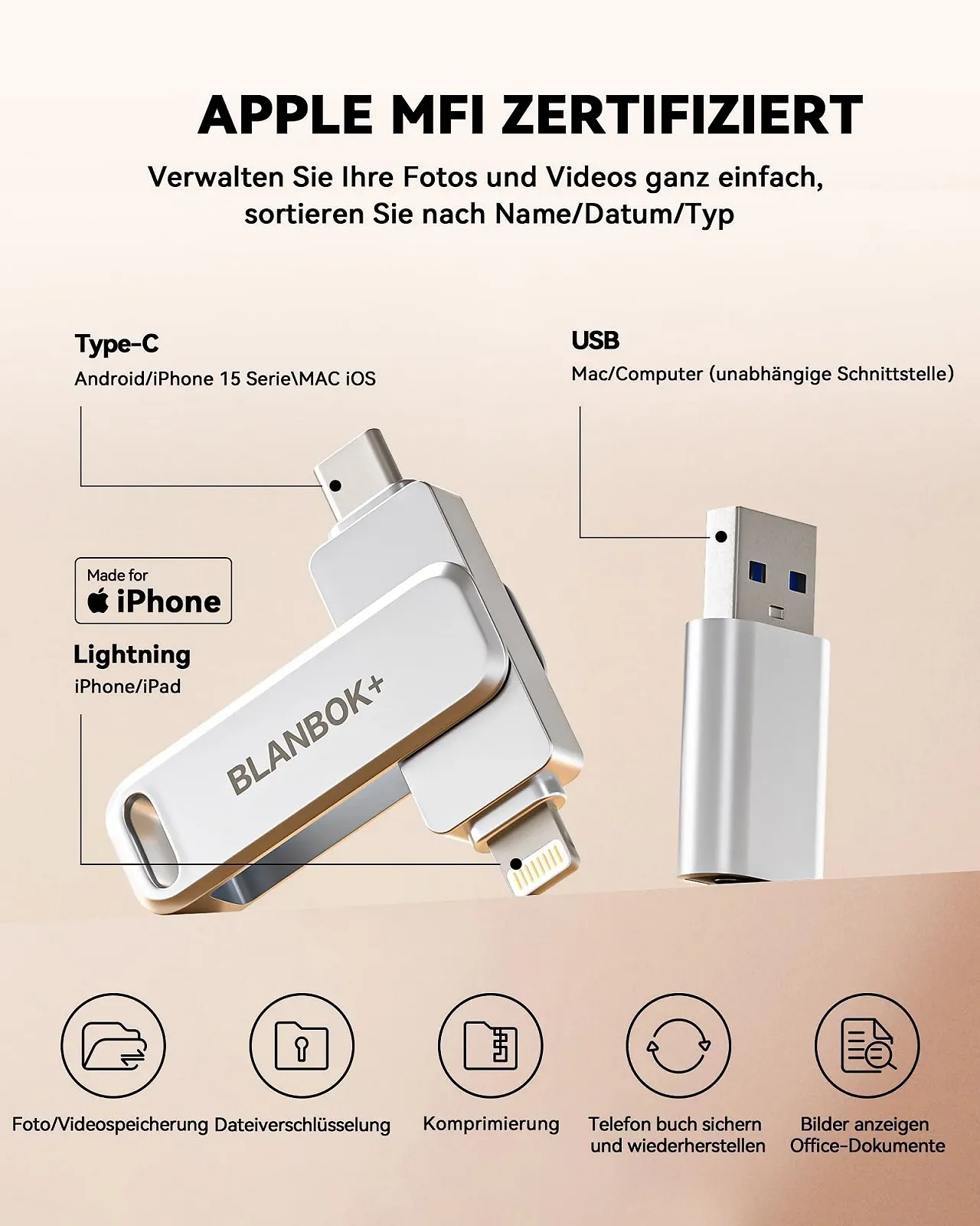 USB-флеш-накопичувач 128GB MFi Certified 3-in-1 Lightning/USB-C/USB 3.0, фото №2 USB-флеш-накопичувач 128GB MFi Certified 3-in-1 Lightning/USB-C/USB 3.0, фото №2