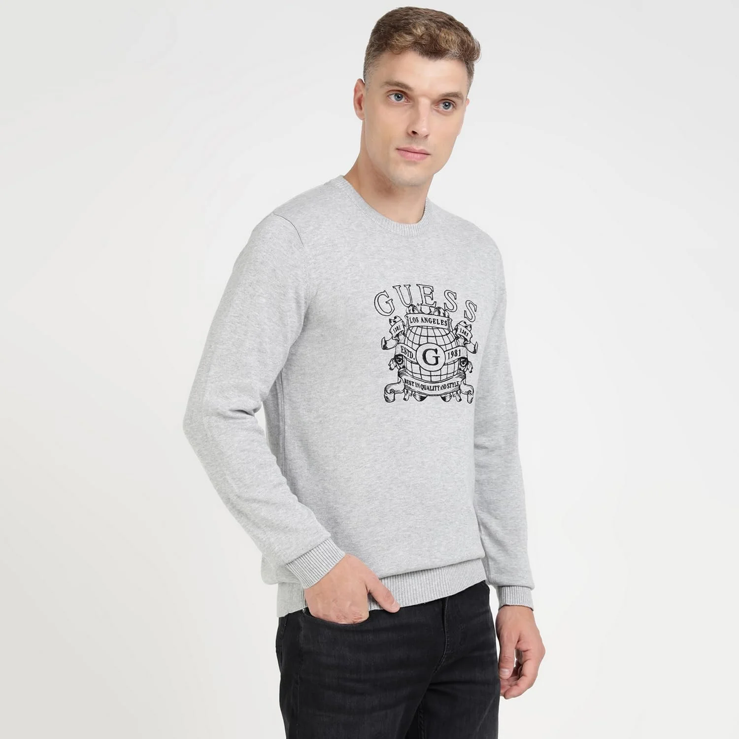 Джемпер GUESS Сірий з бавовняної суміші з принтом Light Stone Heather, L, фото №5