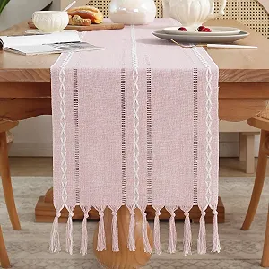 Ранер для столу meioro Rustic Boho Braided Striped Linen Polyester 33 x 200 см Рожевий - Фото 1