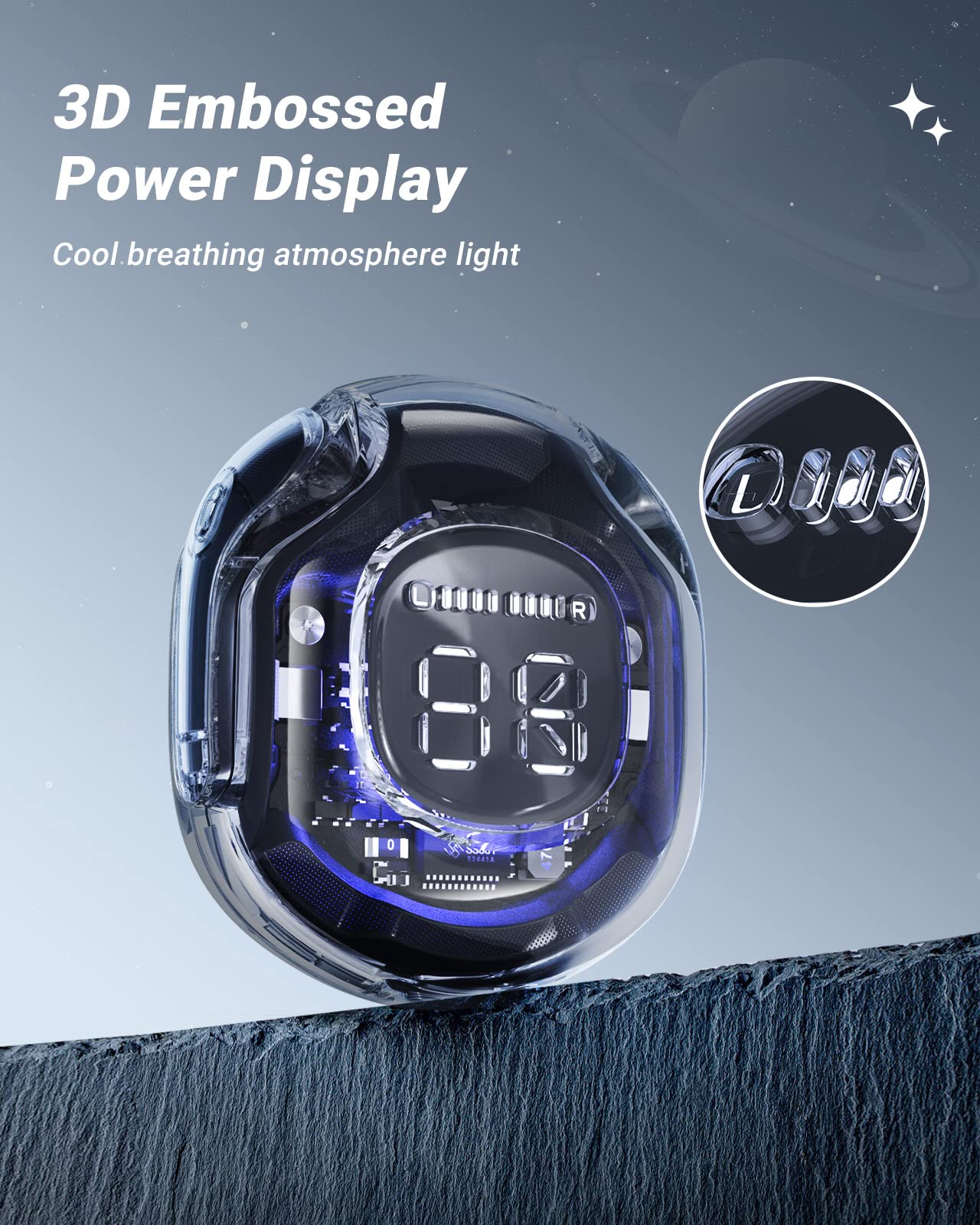 Навушники ACEFAST T8 Bluetooth 5.3 Вкальні з 4 мікрофонами 30 год Батарея Прозорий LED дисплей ENC Вушні вкладиші HiFi стерео Крутий чорний, фото №3