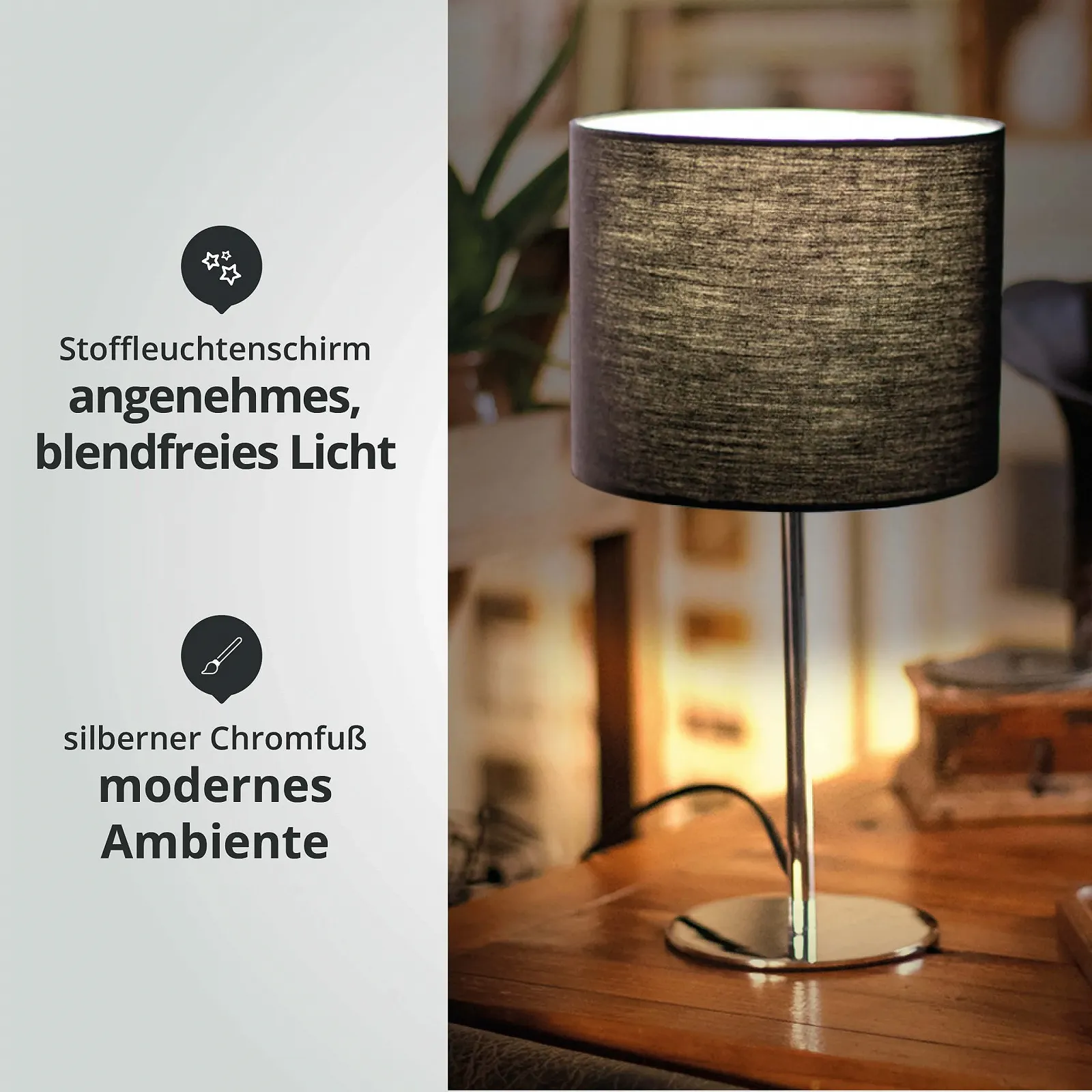 Настільна лампа LED Universum 7369 з тканинним абажуром цоколь E14 металева основа Чорний Хром, фото №4