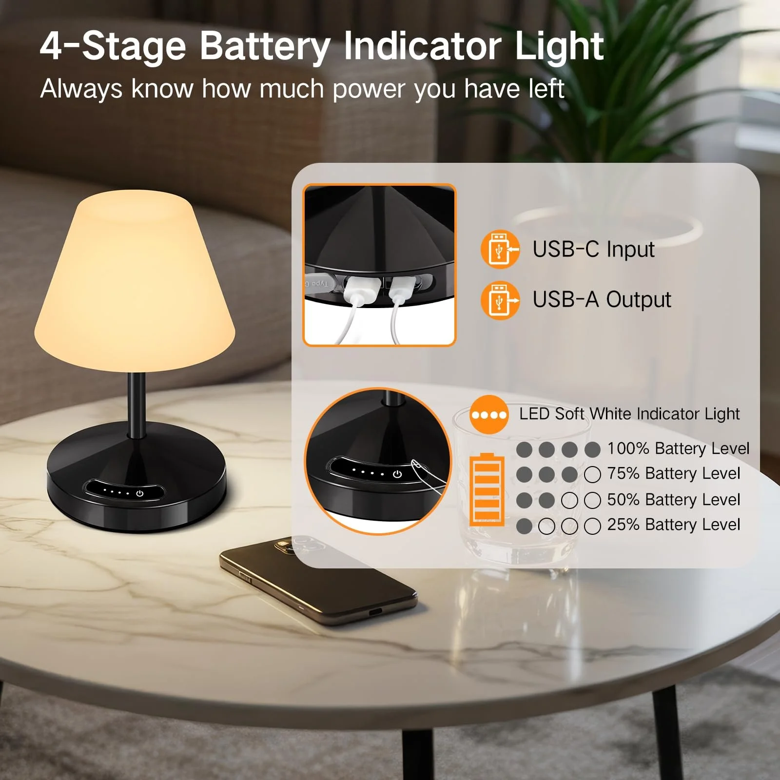 Настільна лампа LED OUTON Акумуляторна Бездротова IP54 USB-C Power Bank 3 колірні температури Плавне регулювання Пам'ять Чорна, фото №3