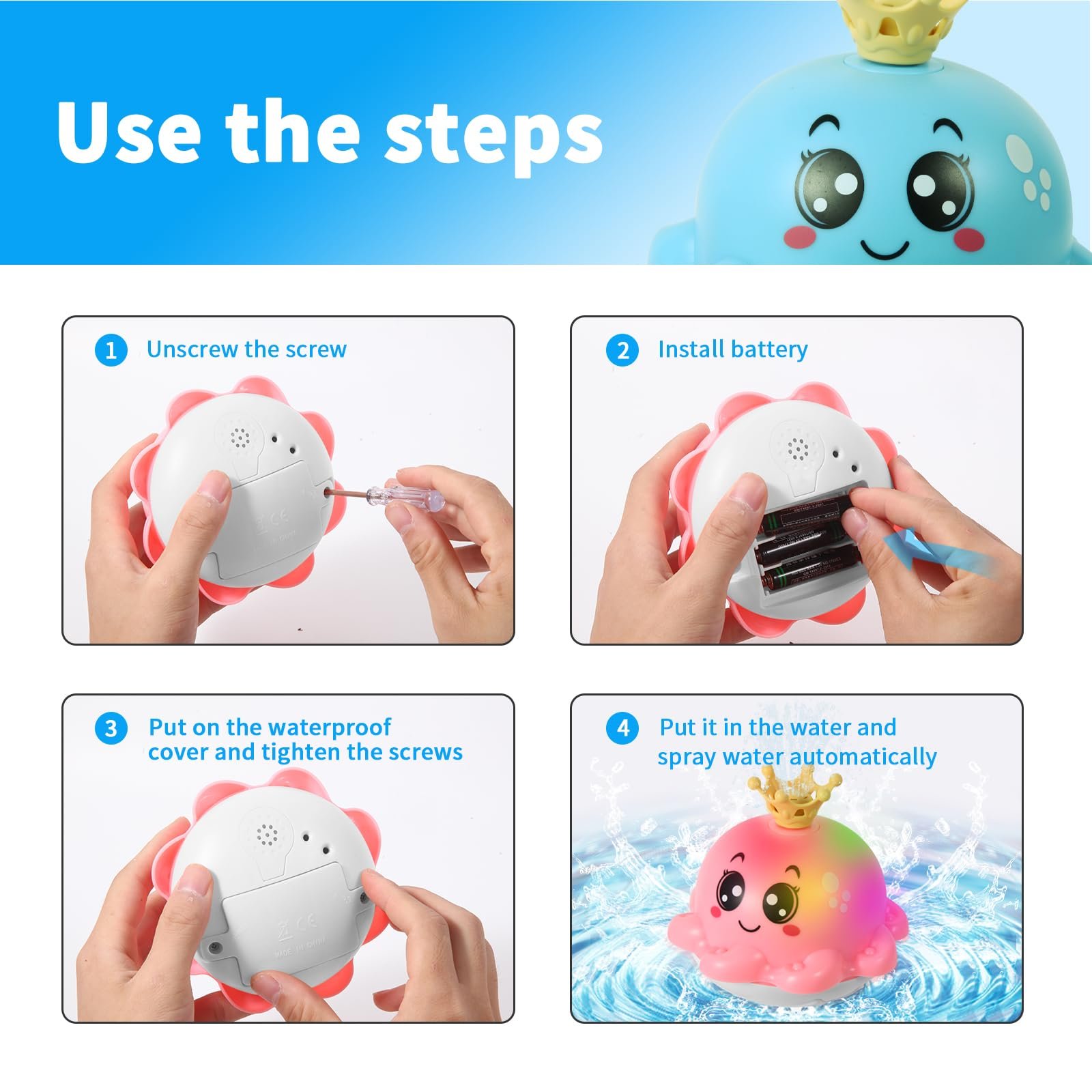 Игрушка для ванны Детская игрушка для ванны Водяная игрушка от 1 2 3 лет, детский светодиодный осьминог Индукционная автоматическая игрушка для бассейна с водяной струей для малыша, фото №7