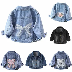 Джинсовая куртка Generisch Детская Девочки Бант Винтаж Джинсовая Куртка Осень Зима Переходная Куртка Верхняя одежда Ковбойское Пальто Повседневная Модная Куртка Удобный Поднятый Воротник Джинсовая Куртка Теплая Длинный Рукав - Фото 1