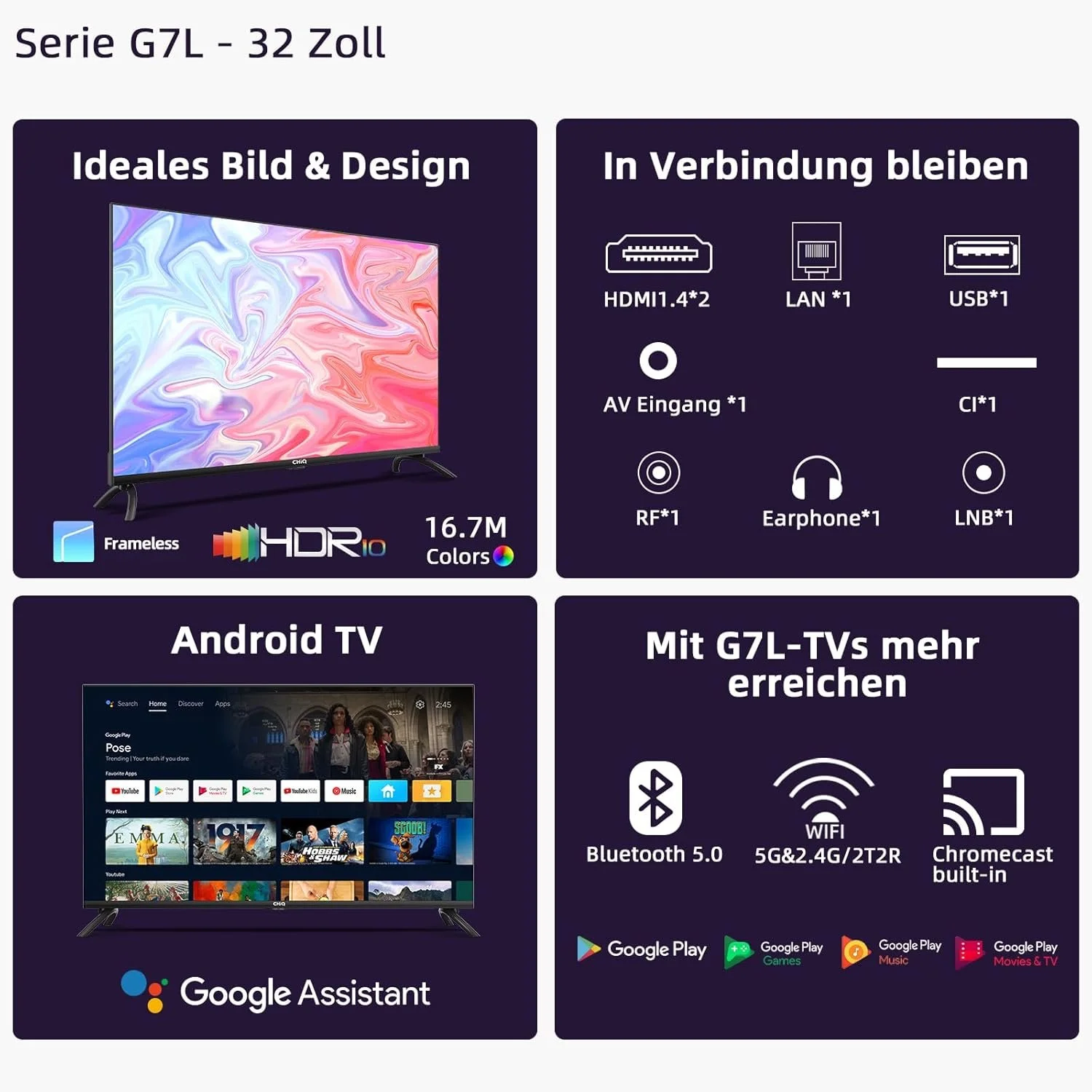 Телевізор 32" CHiQ L32G7L / HD / 60 Гц / LED / Android TV / Wi-Fi / Bluetooth / Т2 / Чорний, фото №15 Телевізор 32" CHiQ L32G7L / HD / 60 Гц / LED / Android TV / Wi-Fi / Bluetooth / Т2 / Чорний, фото №15