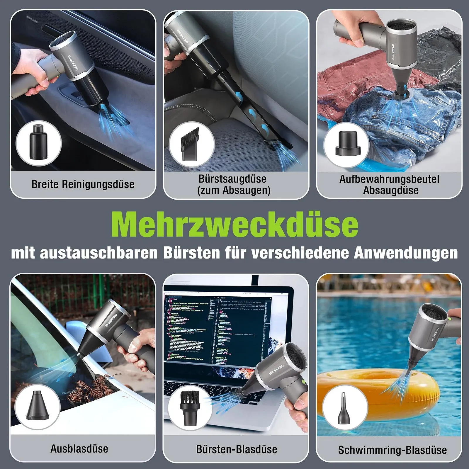 Електрична повітродувка 2-в-1 WORKPRO 120,000 RPM 4 швидкості Type-C Акумуляторна, фото №8