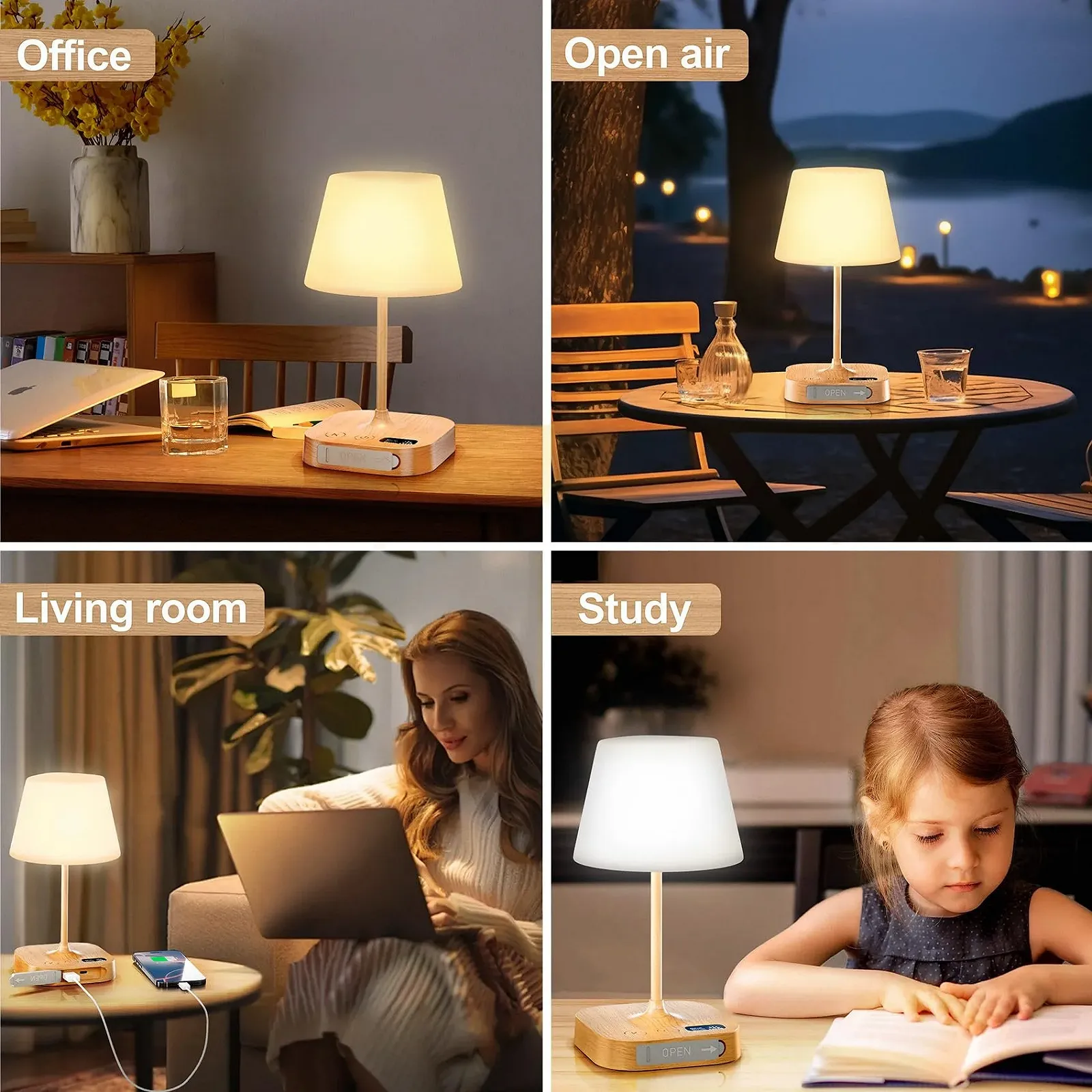 Настільна лампа Anordsem LED акумуляторна 8000 мАг сенсорна вулична з 2 портами USB колір дерево, фото №6