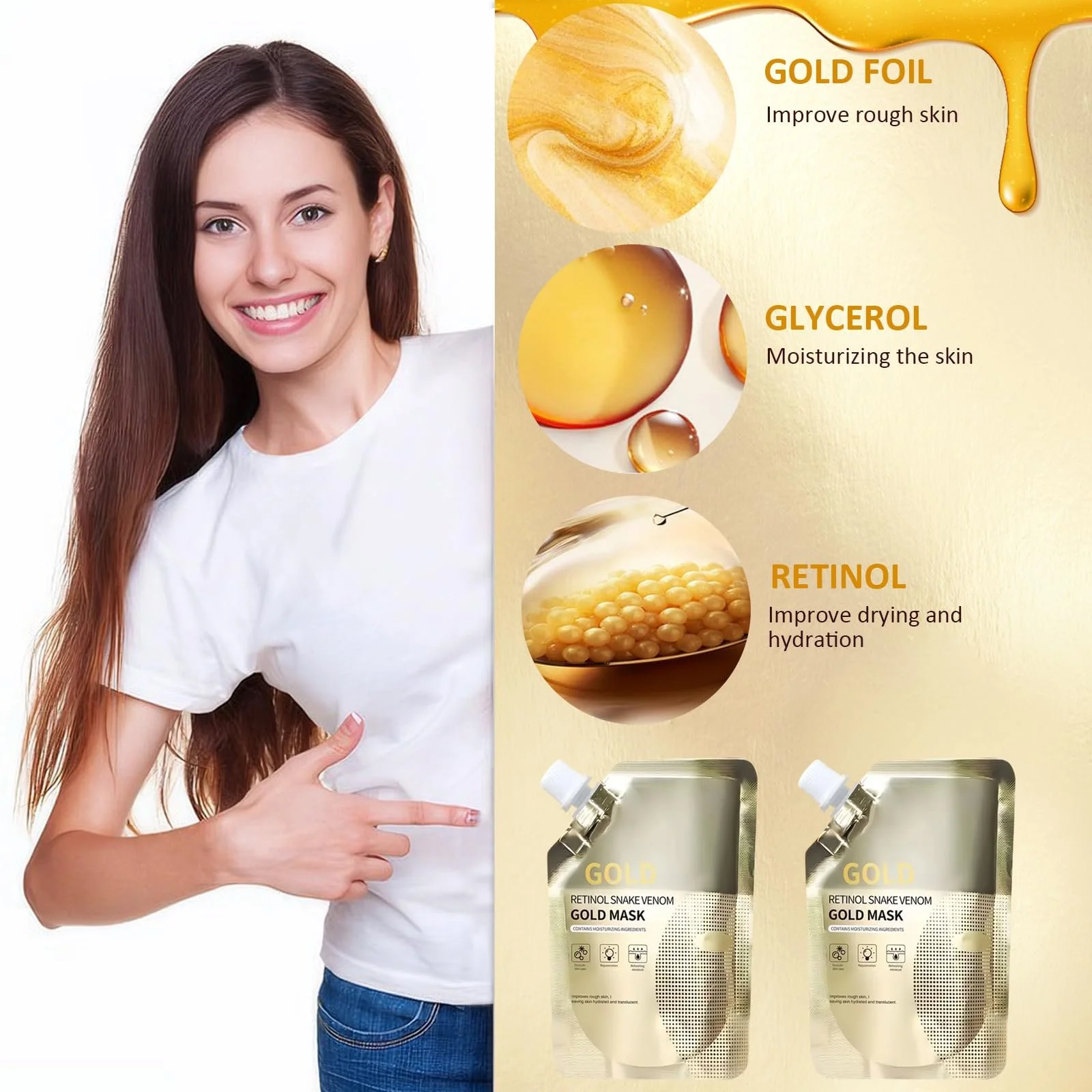 Набор масок для лица Змеиный пептидный золотой Venum, ретинол, змеиные пептиды, золотая маска для лица, укрепляющая маска для лица, антивозрастные маски для лица, золотой коллагеновый пилинг-маска для глубокой очистки, 2 шт по 100 мл, фото №2