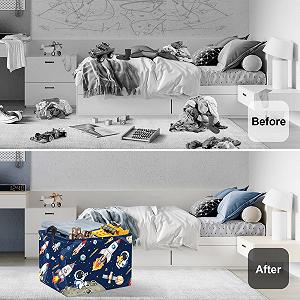 Корзина для игрушек HUUMONSS Космические ракеты Детская складная для мальчиков Большая, Синий, 36 л synthetic.ua - Фото 1