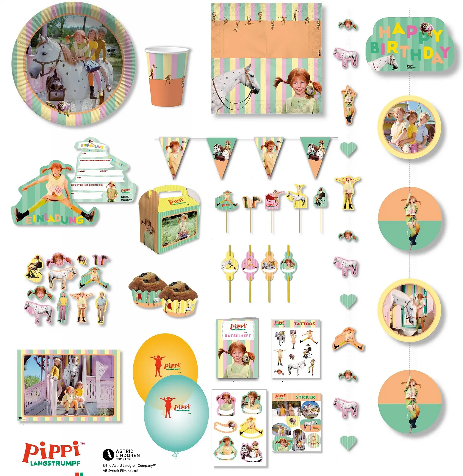 Набір посуду для вечірки Pippi Longstocking: тарілки, стакани, серветки, декор, фото №7