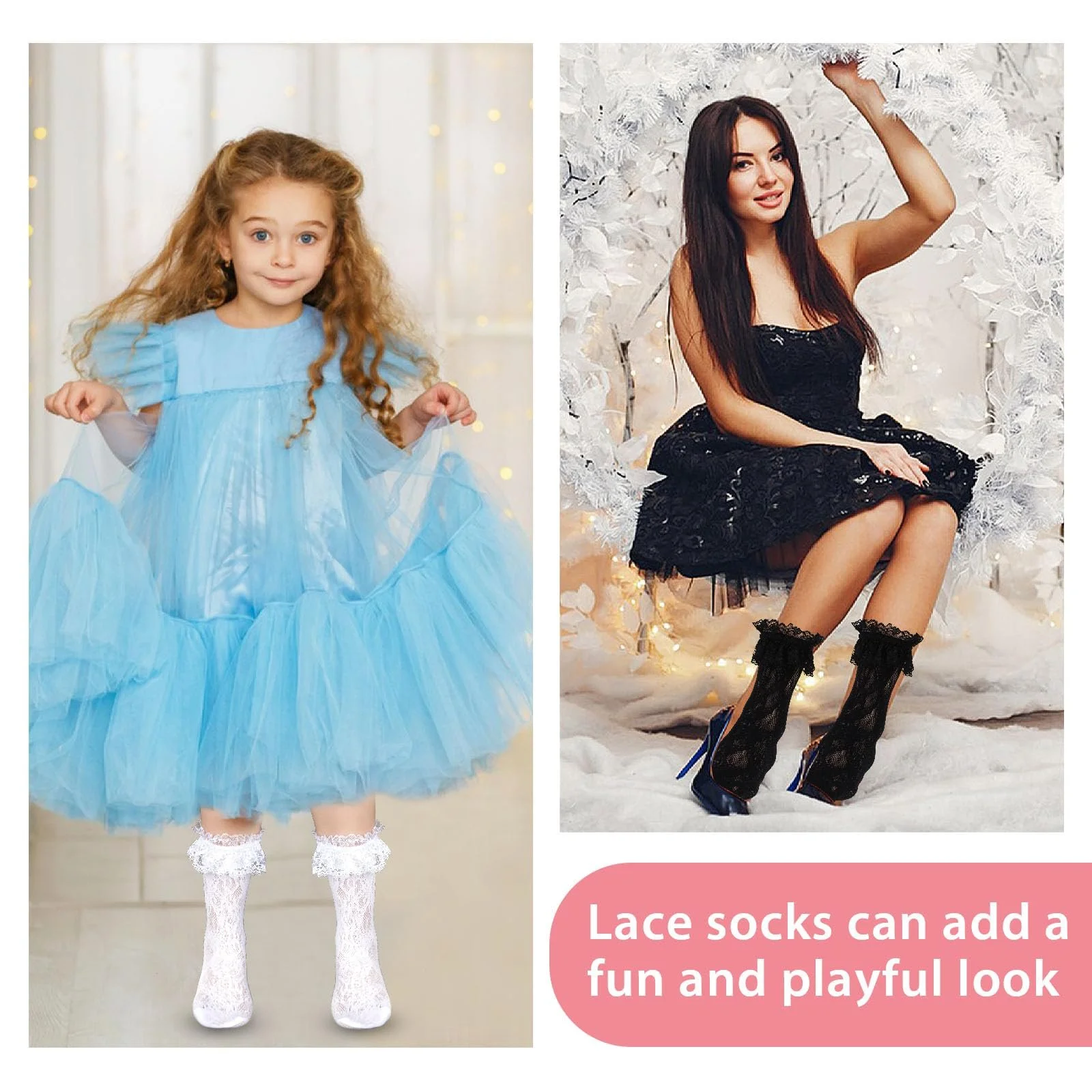 Женские носки с кружевом и рюшами Black + White, чёрный, белый, One size fits all, фото №8