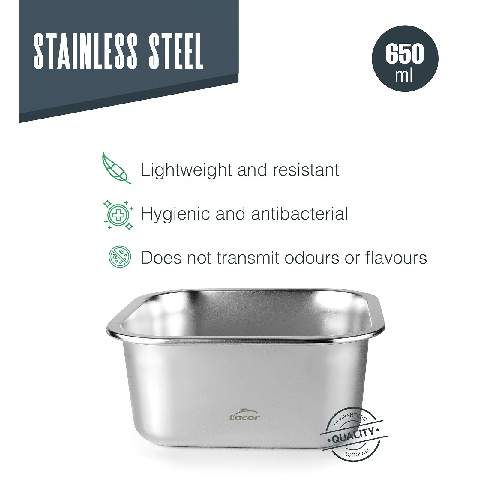 Квадратный контейнер для еды Lacor Ecoinox 64613 650 мл Нержавеющая сталь 18/10 Silver, фото №3 Квадратный контейнер для еды Lacor Ecoinox 64613 650 мл Нержавеющая сталь 18/10 Silver, фото №3