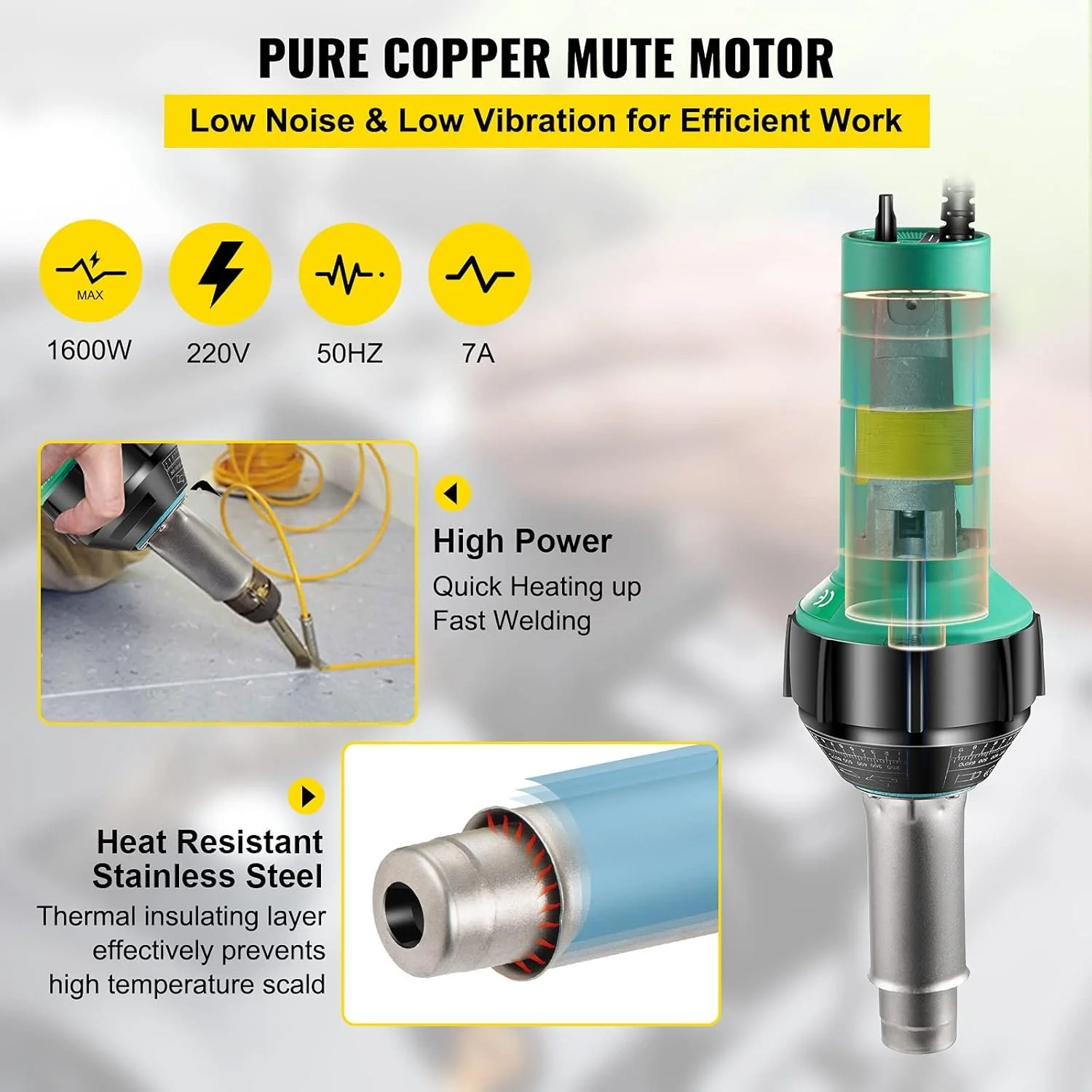 Аппарат для сварки ПВХ-мембран VEVOR VV-PWG-A08-02 / 1600 Вт / 40-600°C / Ручной / Для кровли / Зеленый, фото №3 Аппарат для сварки ПВХ-мембран VEVOR VV-PWG-A08-02 / 1600 Вт / 40-600°C / Ручной / Для кровли / Зеленый, фото №3