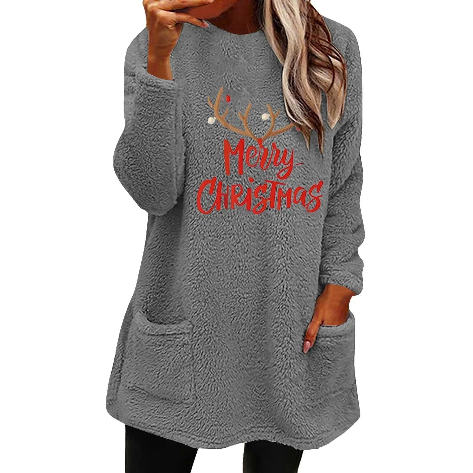 Рождественский Свитшот Женский Пуловер Осенне-зимний Термальный Худи без капюшона, фото №1