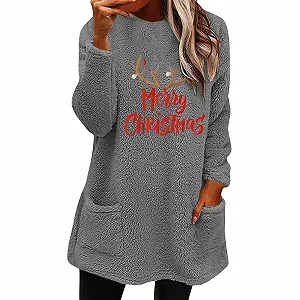 Рождественский Свитшот Женский Пуловер Осенне-зимний Термальный Худи без капюшона - Фото 1