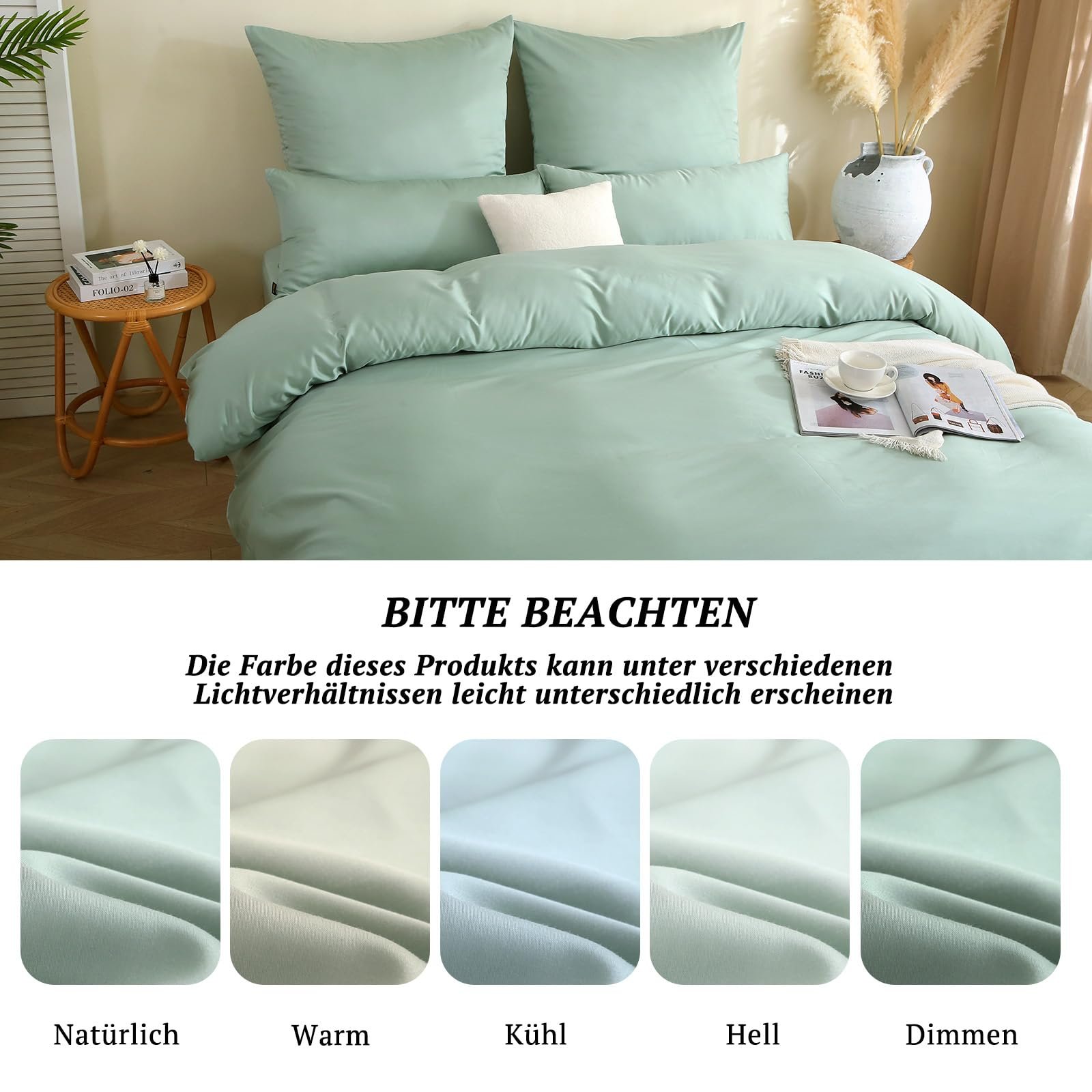 Постільна білизна SOULFUL Mako Satin 135 x 200 см, комплект з блискавкою, Oeko-Tex, включає 1 підковдру 135 x 200 см і 1 наволочку 80 x 80 см, туманно-зелений, фото №6