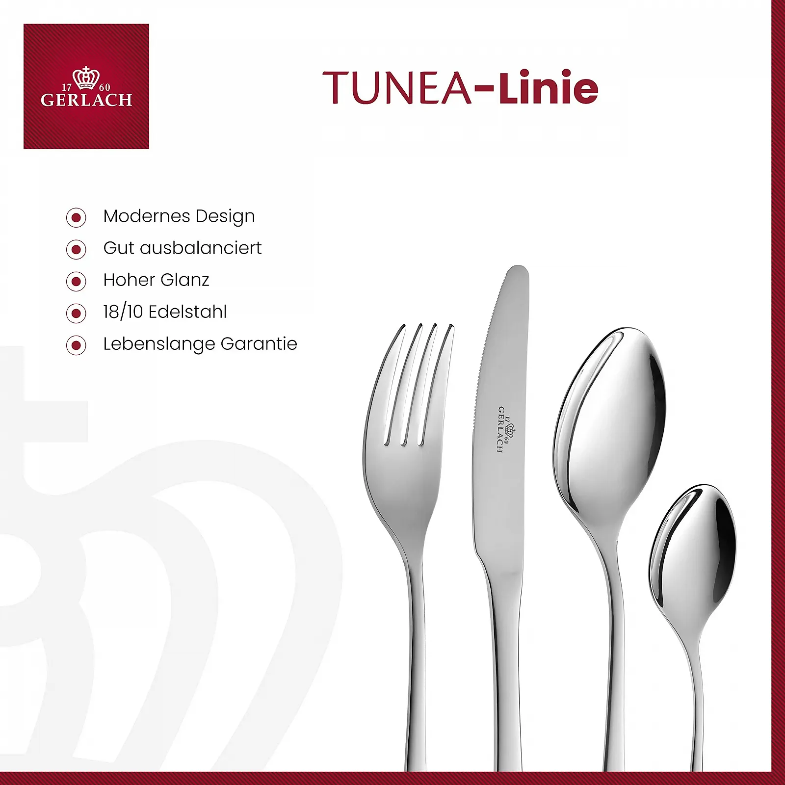 Набор столовых приборов Gerlach 1760 Tunea на 6 персон, серебристый, фото №2 Набор столовых приборов Gerlach 1760 Tunea на 6 персон, серебристый, фото №2