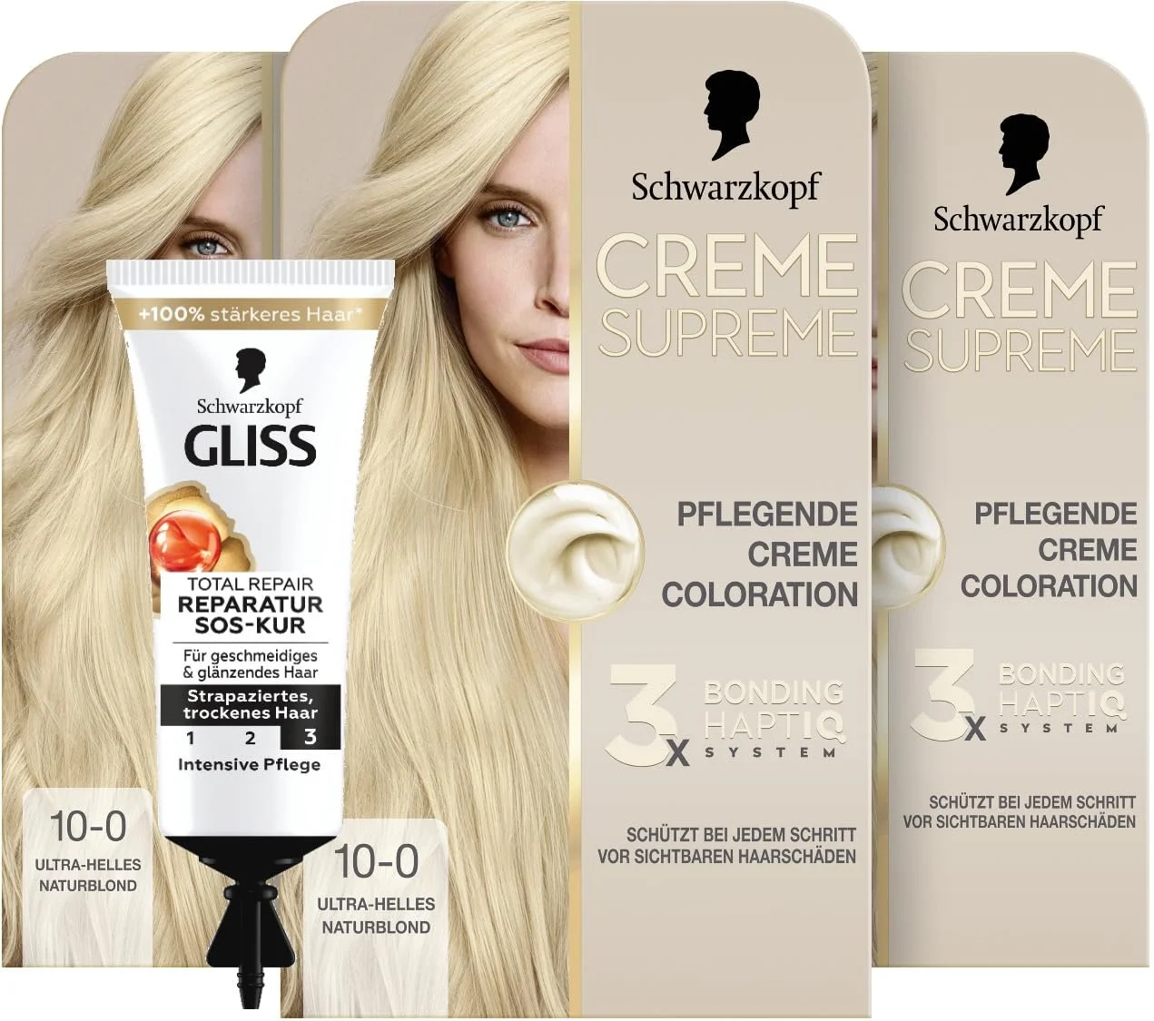 Фарба для волосся Schwarzkopf Creme Supreme Coloration 10-0 Ультра Світлий Натуральний Блондин (3 x 182 мл), фото №1 Фарба для волосся Schwarzkopf Creme Supreme Coloration 10-0 Ультра Світлий Натуральний Блондин (3 x 182 мл), фото №1