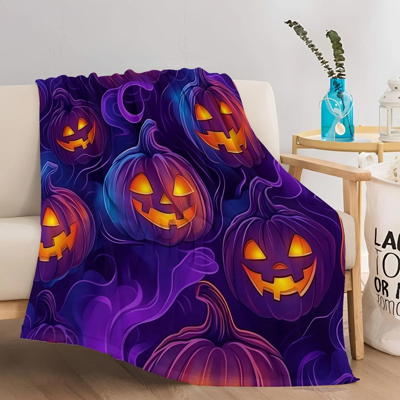 Плюшева м'яка Покривало з ретро-принтом гарбуза з високоякісного фланелевого матеріалу, лілово-помаранчева, 150 x 200 см, фото №4