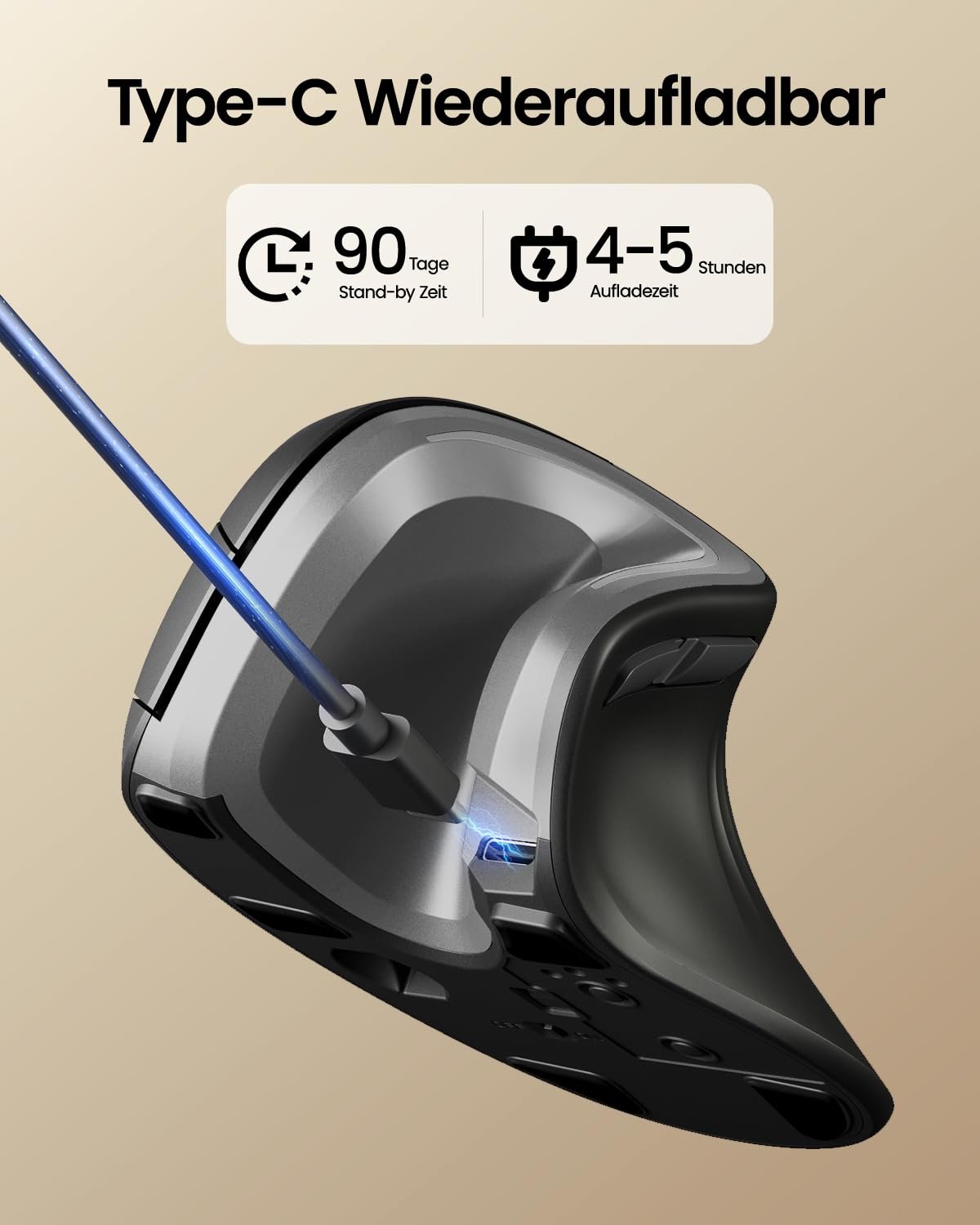 Миша ProtoArc EM11 NL Ергономічна Вертикальна, Бездротова, Перезаряджувана, 3 пристрої (Bluetooth + Bluetooth + USB), Темно-сіра, фото №6